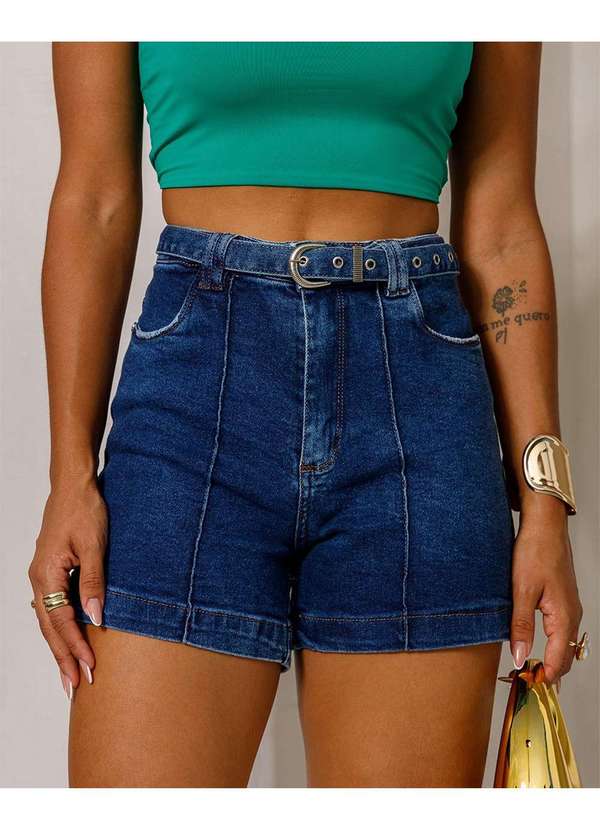 Consciência - Shorts Jeans Mom Feminino Cintura Alta com Cinto Azul 4
