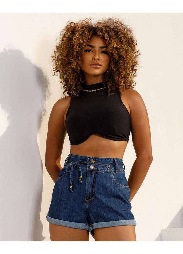 Consciência - Shorts Jeans Mom Feminino Cintura Alta com Cordao Azul 1