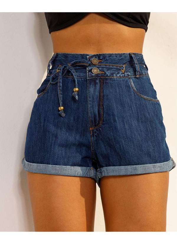Consciência - Shorts Jeans Mom Feminino Cintura Alta com Cordao Azul 3