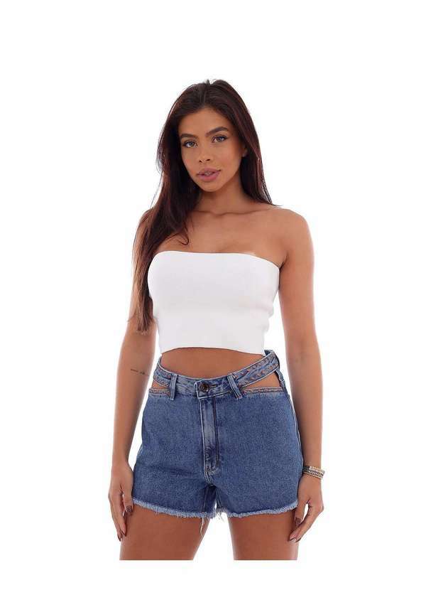 Consciência - Shorts Jeans Mom Feminino Cintura Alta Cut Out Aplicacao Azul