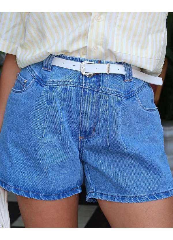Consciência - Shorts Jeans Mom Feminino Cintura Alta Detalhe Cos com Cinto Azul 3