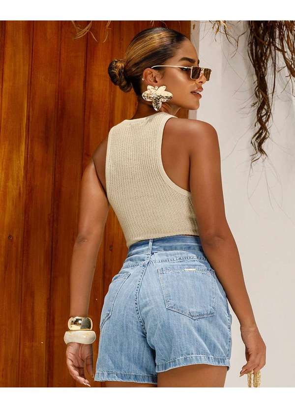 Consciência - Shorts Jeans Mom Feminino com Fivela de Perola Azul 2