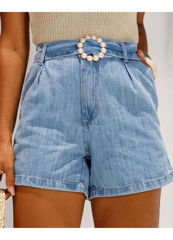 Consciência - Shorts Jeans Mom Feminino com Fivela de Perola Azul 3