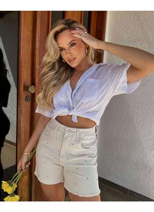 Consciência Shorts Jeans Off Mom Feminino Cintura Alta Bordado Margarida  Branco