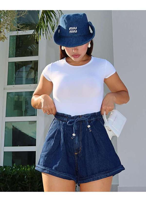 Consciência - Shorts Jeans Rope Feminino Cintura Alta com Cordao Azul