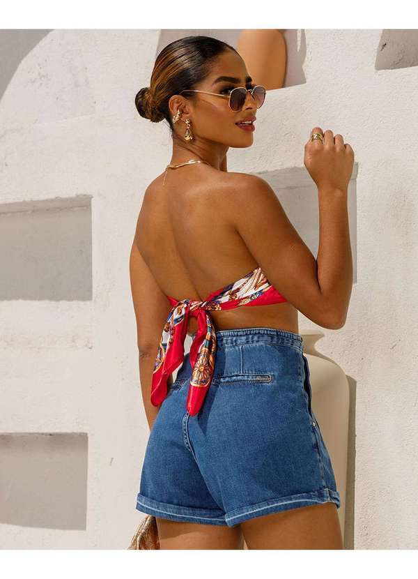 Shorts Jeans Rope Feminino Cintura Alta com Cordao Azul