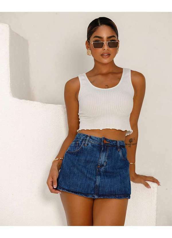 Consciência - Shorts Saia Jeans Feminino Cintura Alta com Detalhe na Costura Azul