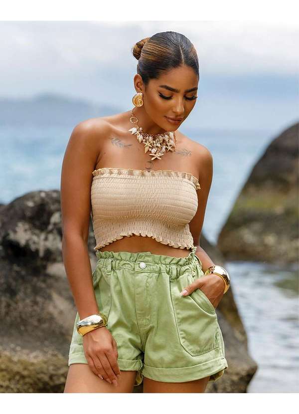 Consciência - Shorts Sarja Clochard Feminino Cintura Alta com Elastico Verde