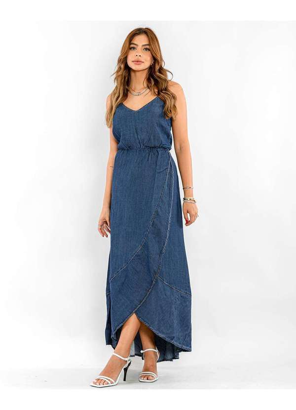 Consciência - Vestido Feminino Longo Frente Transpassada com Babado Azul