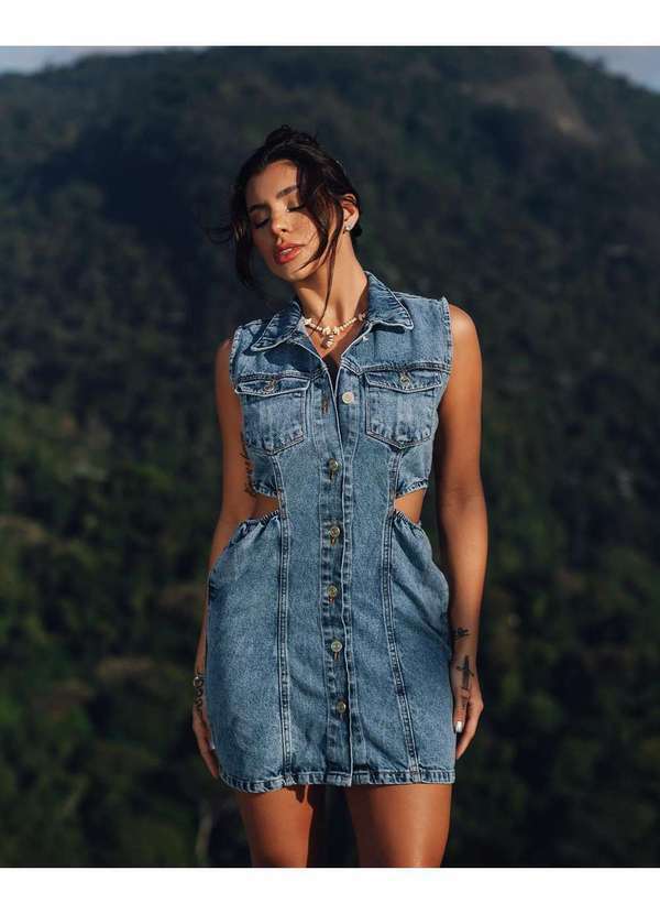 Consciência - Vestido Jeans Feminino com Detalhe Cut Out e Botoes Frontal Azul