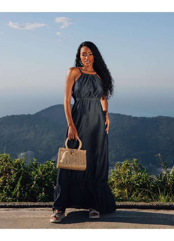 Consciência - Vestido Jeans Longo Feminino Frente Unica Amarracao nas Costas Azul