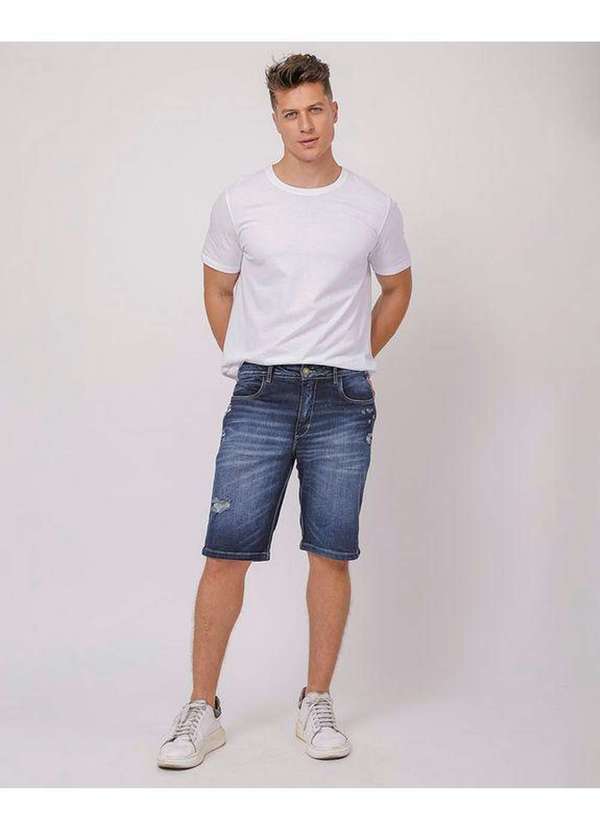 Consciência - Bermuda Jeans Masculina Detalhe de Rasgos Azul