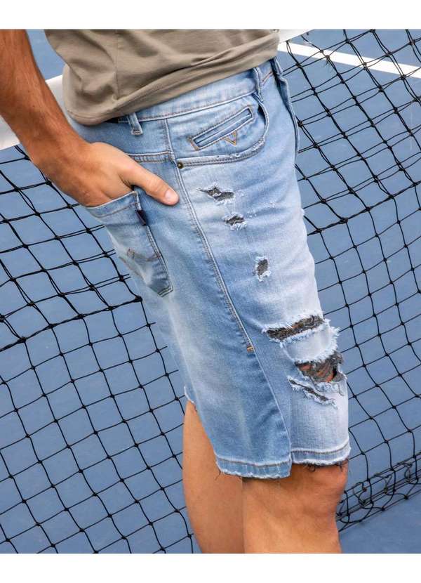 Consciência - Bermuda Jeans Masculina Rasgada Linha Man Style com Elastano Azul 2