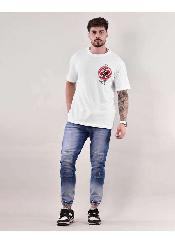Consciência - Calca Jeans Jogging Masculina Detalhe com Cordao Azul