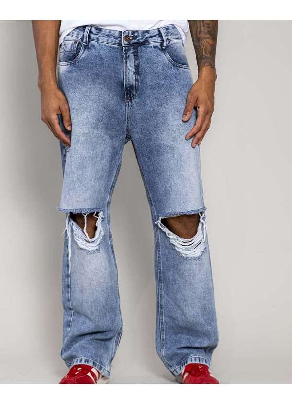 Consciência - Calca Jeans Masculina  Baggy  Rasgada no Joelho Azul 2
