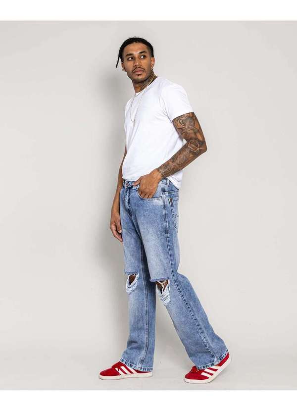 Consciência - Calca Jeans Masculina  Baggy  Rasgada no Joelho Azul 3