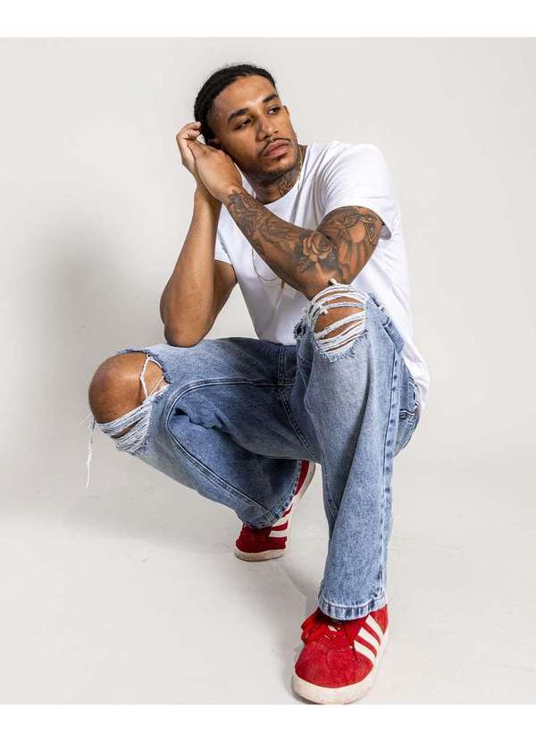 Consciência - Calca Jeans Masculina  Baggy  Rasgada no Joelho Azul 6