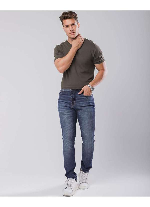 Consciência - Calca Jeans Masculina Basica Slim Fit Escura com Elastano Azul