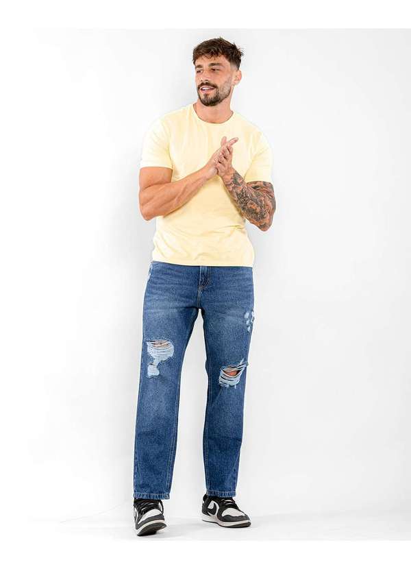 Consciência Calca Jeans Masculina Corte Reto com Rasgos Azul