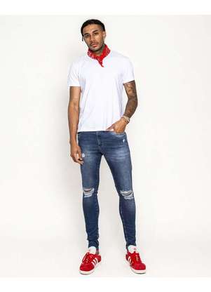 Calca Jeans Masculina Escura Super Skinny com Rasgo e Puidos Azul