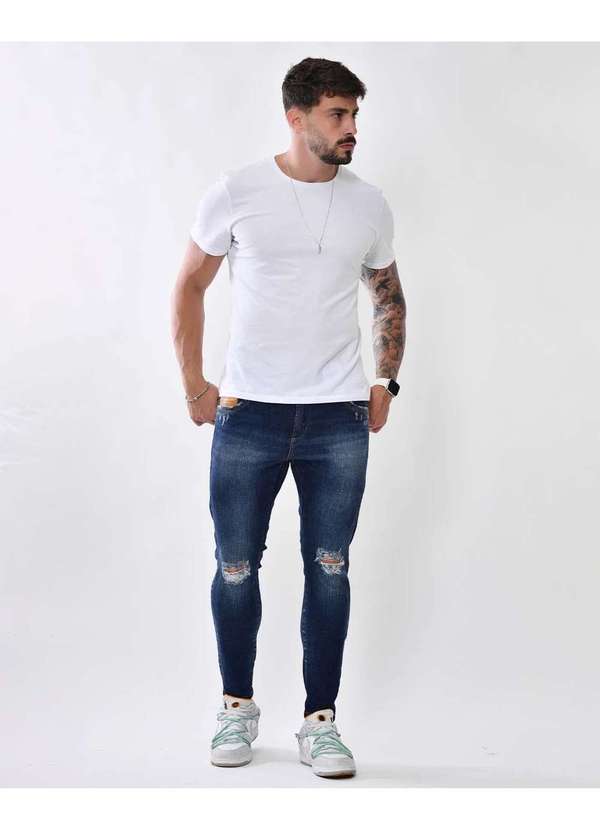 Consciência Calca Jeans Masculina Escura Super Skinny Rasgada no Joelho  Azul