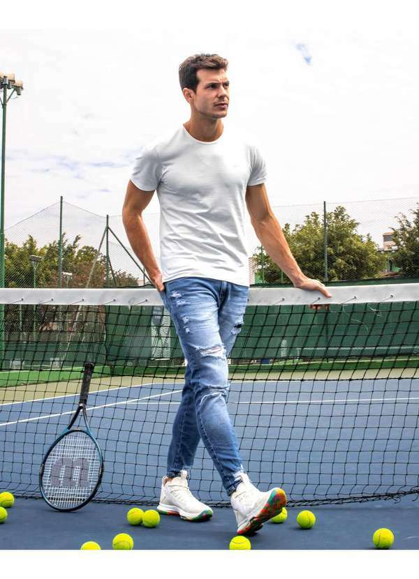 Consciência - Calca Jeans Masculina Skinny com Rasgos na Perna e Puidos Azul