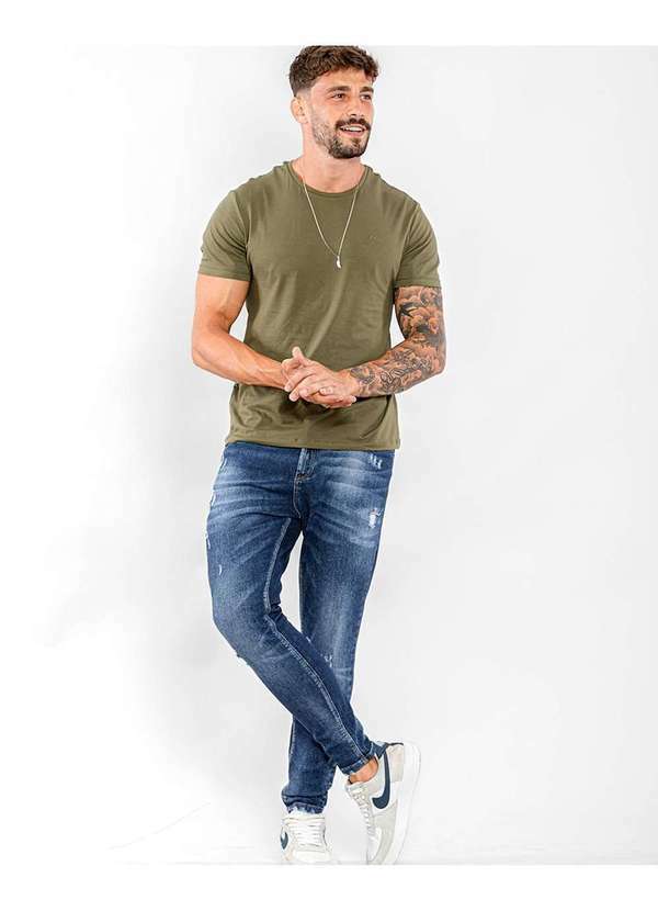 Consciência - Calca Jeans Masculina Skinny Linha Italia com Puidos Azul