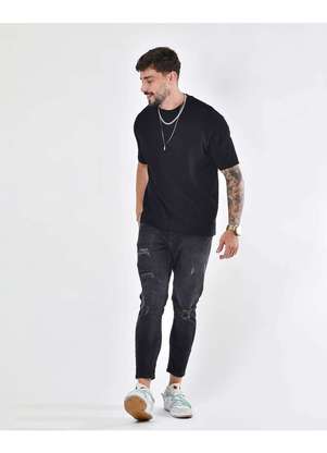 Calca Jeans Masculina Skinny Preta Rasgada com Puidos Preto