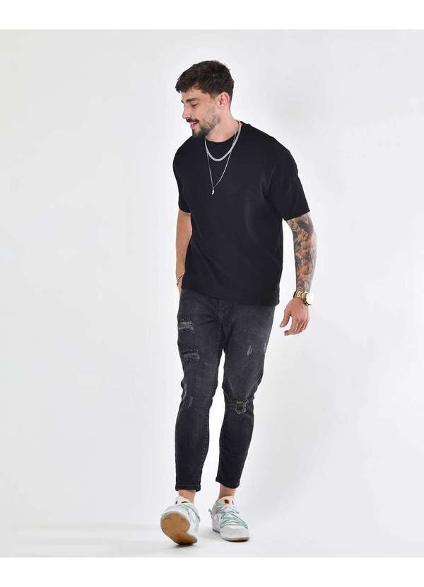 Calca Jeans Masculina Skinny Preta Rasgada com Puidos Preto