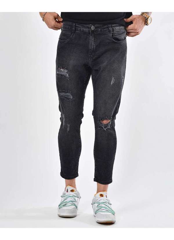 Consciência - Calca Jeans Masculina Skinny Preta Rasgada com Puidos Preto 2