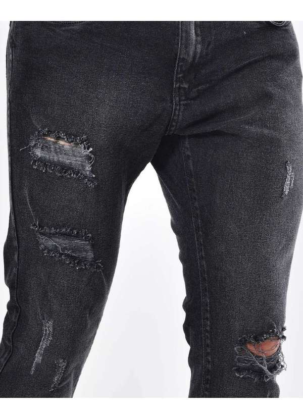Consciência - Calca Jeans Masculina Skinny Preta Rasgada com Puidos Preto 3