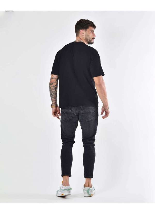 Consciência - Calca Jeans Masculina Skinny Preta Rasgada com Puidos Preto 4