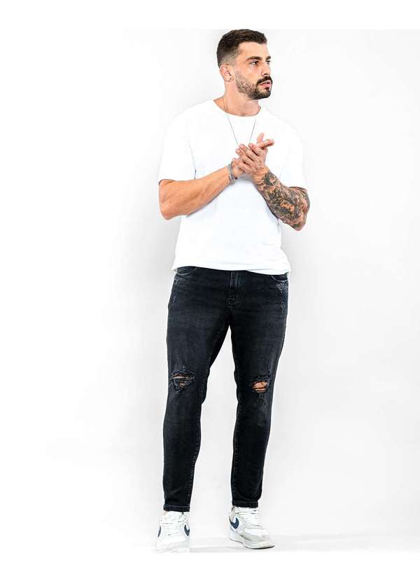 Calca Jeans Masculina Skinny Preta Rasgada no Joelho Preto
