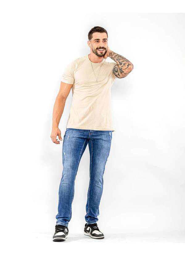 Consciência - Calca Jeans Masculina Slim Fit Basica com Puidos Azul