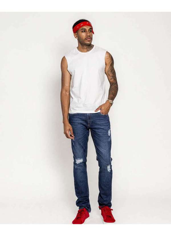 Consciência - Calca Jeans Masculina Slim Fit com Puidos no Joelho e Bolso Azul