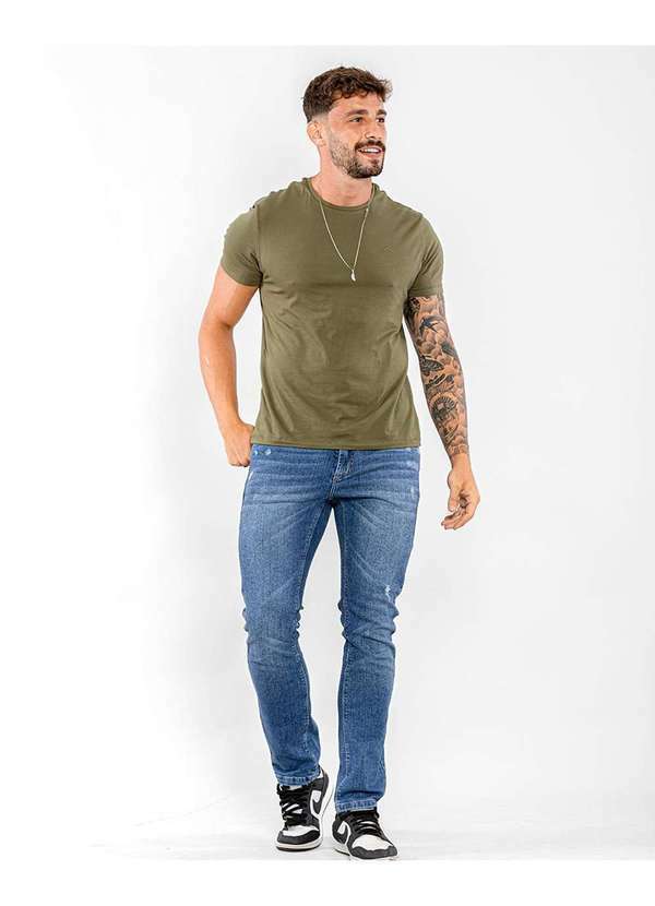 Consciência - Calca Jeans Masculina Slim Fit Escura com Puidos Azul