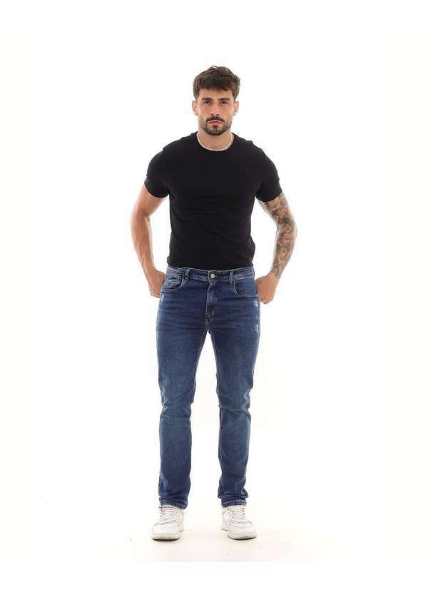 Consciência - Calca Jeans Masculina Slim Fit Premium Basica com Elastano Azul