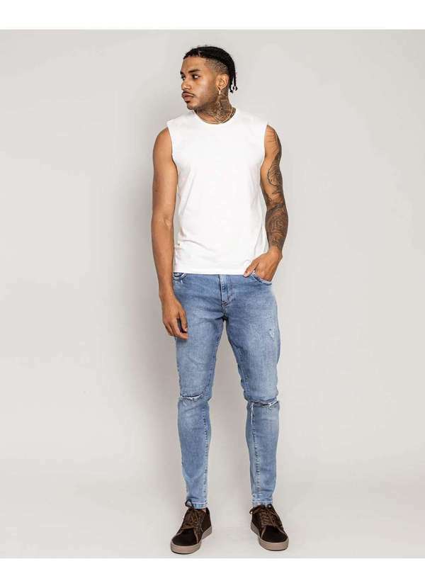 Consciência - Calca Jeans Masculina Super Skinny Linha Italia Rasgada Joelho Azul