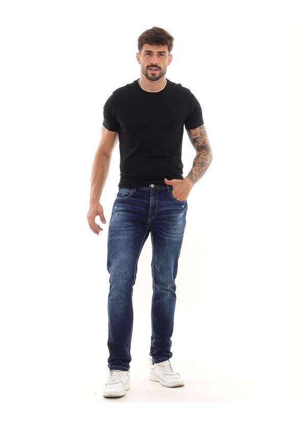 Consciência - Calca Jeans Slim Fit Masculina com Elastano Detalhes de Puidos Azul