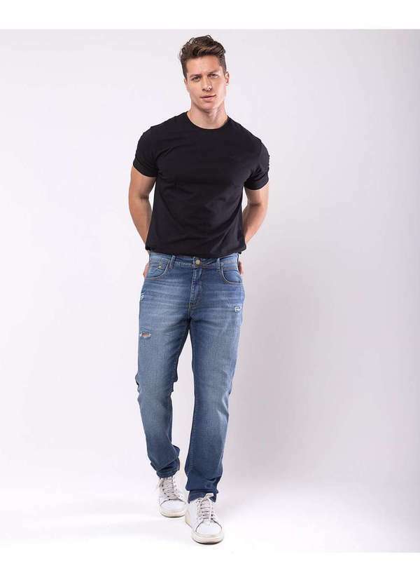 Consciência - Calca Jeans Slim Fit Masculina Rasgada Basica com Elastano Azul