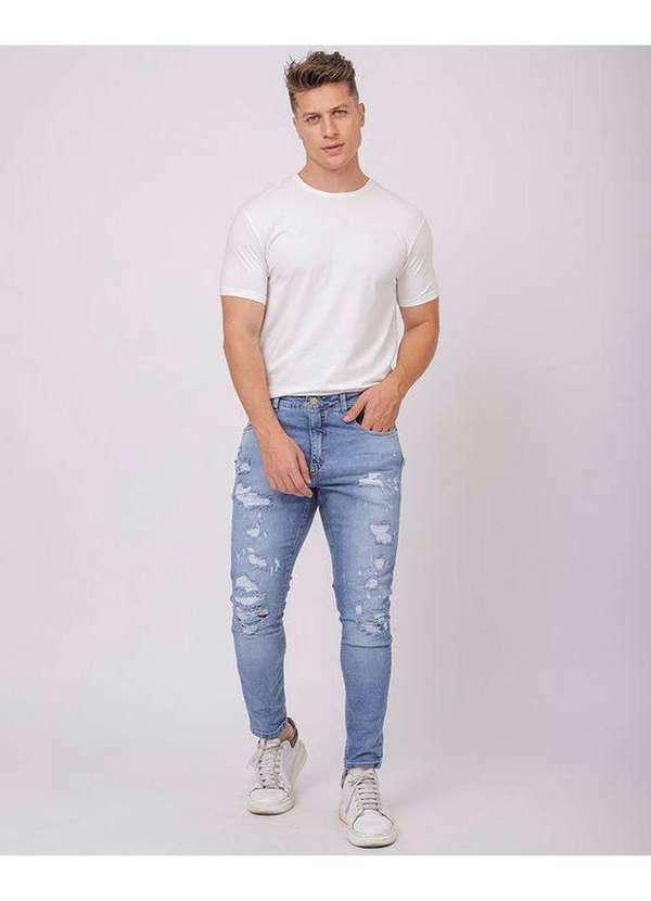 Consciência - Calca Jeans Super Skinny Masculina com Rasgos Azul