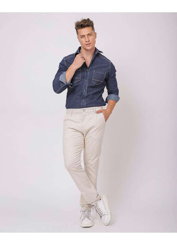 Consciência - Calca Linho Chino Masculina Basica com Elastano Bege