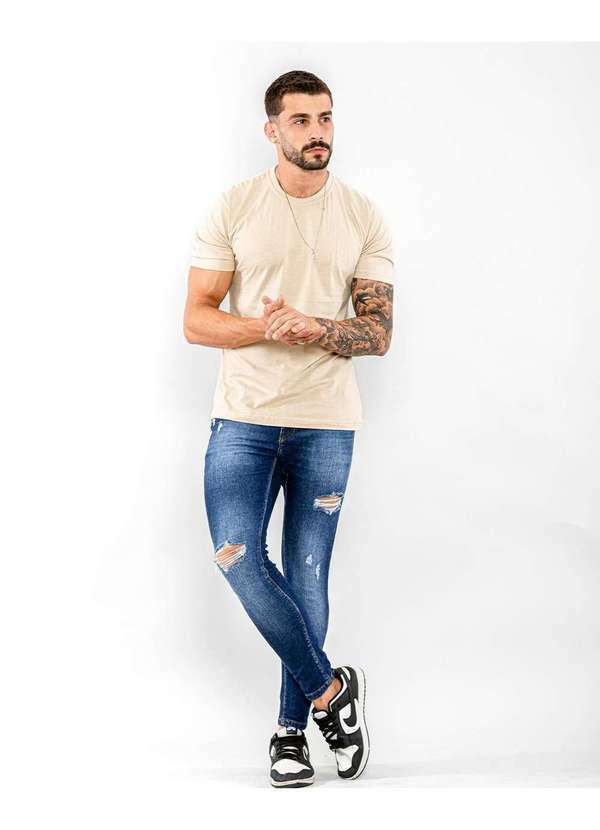 Consciência - Calca Masculina Super Skinny Escura com Rasgos na Perna Azul