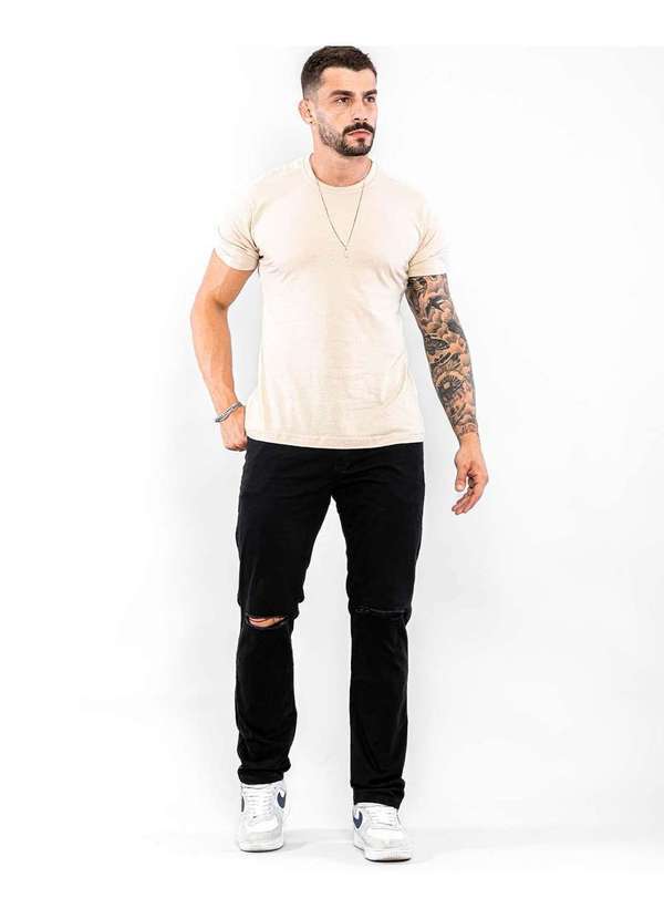 Consciência - Calca Sarja Masculina Skinny Preta com Rasgo no Joelho Preto