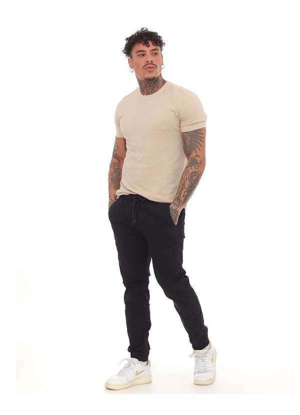 Consciência - Calca Sarja Preta Masculina Jogger com Elastico no Cos Preto