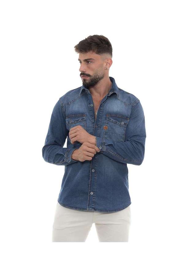 Consciência - Camisa Jeans Masculina com Recorte no Ombro Azul
