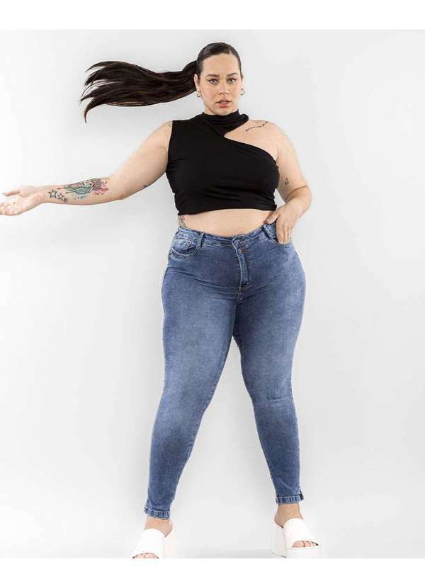 Consciência - Calca Jeans Feminina Plus Size Skinny Botao Duplo Cintura Alta Azul
