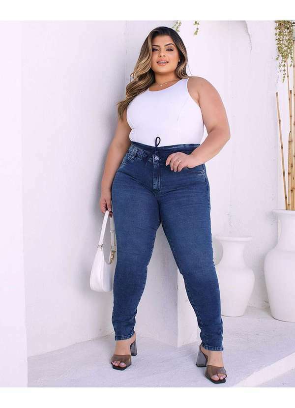 Consciência - Calca Jeans Rope Plus Size Feminina Cintura Alta com Cordao Azul