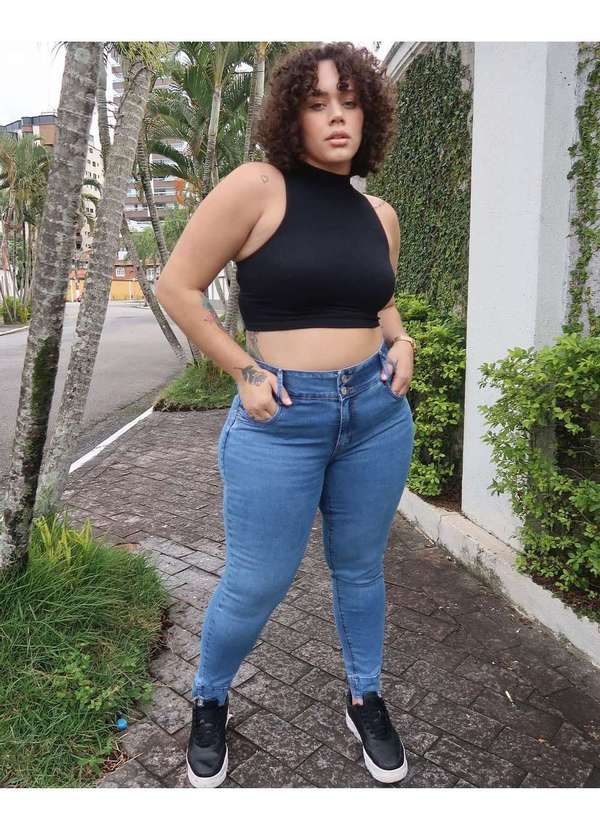 Consciência - Calca Jeans Skinny Plus Size Feminina Cintura Alta Cos Largo Azul