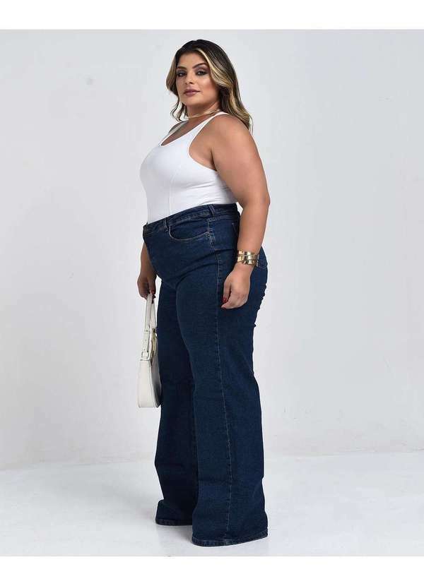 Consciência - Calca Jeans Wide Leg Plus Size Feminina Cintura Alta Basica Azul